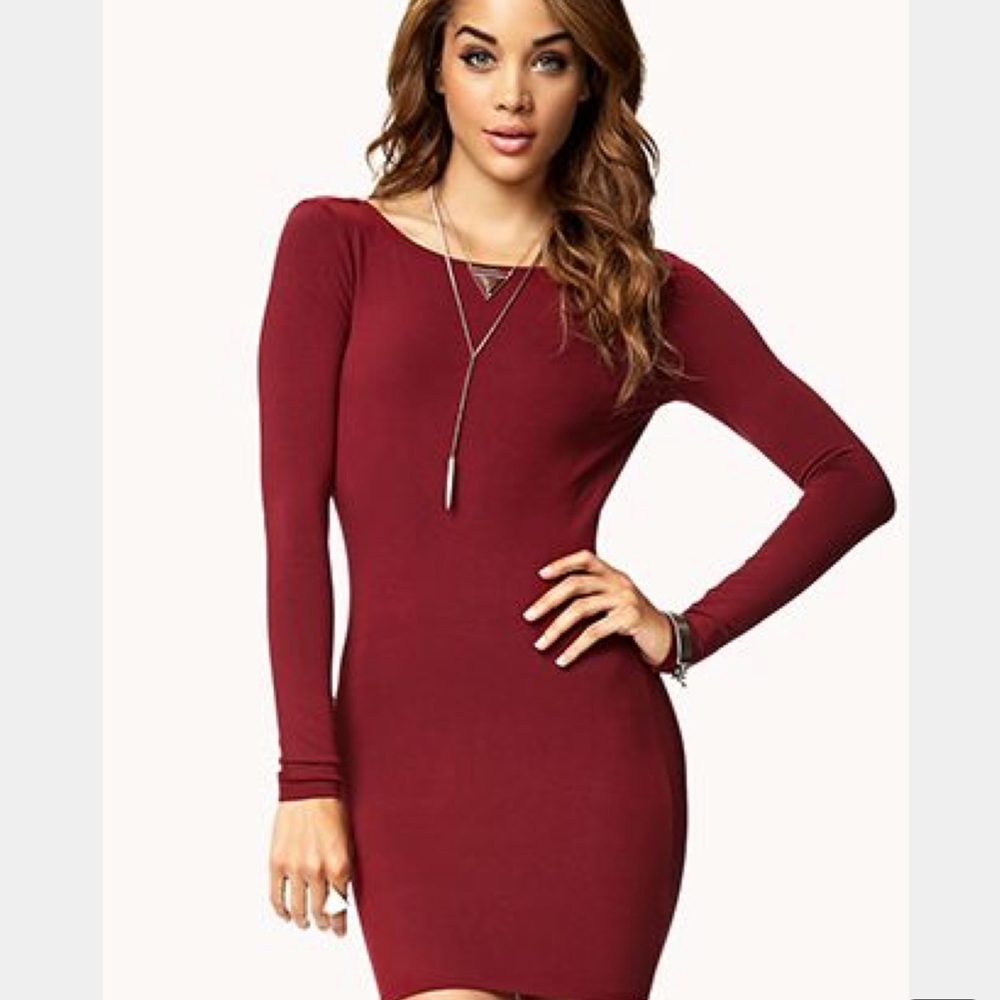 Maroon Tight Fit Long Sleeve Dress